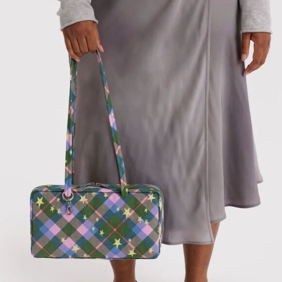 NWT Baggu Regular Nylon Bowler Bag - Green Star Plaid - Picture 2 of 8